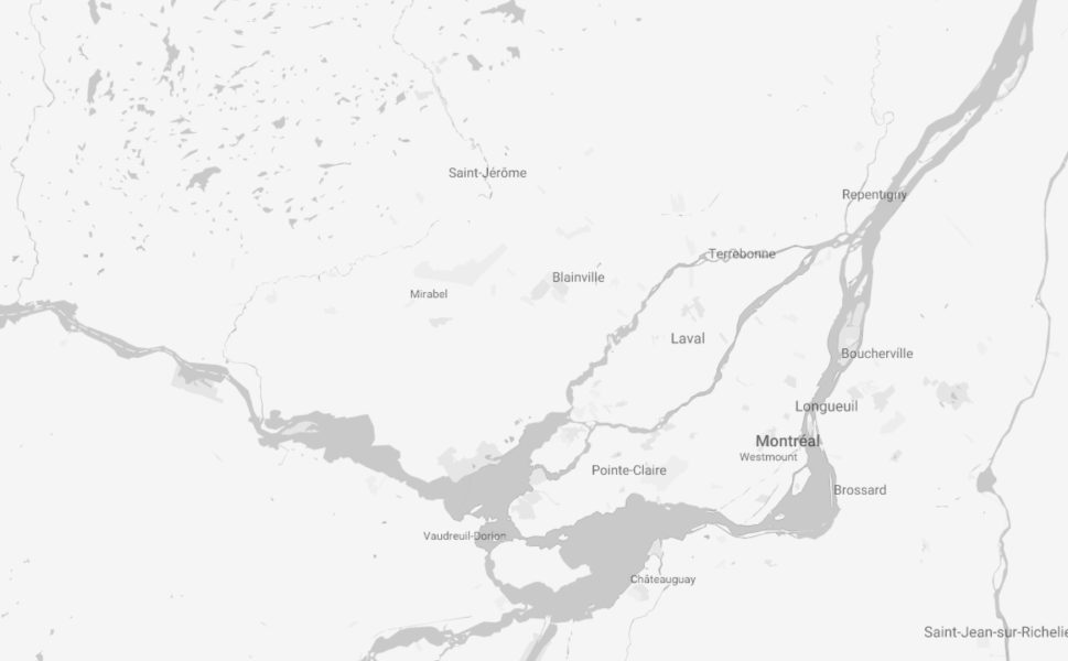 Carte de Montréal et ses environs incluant Laval, Longueuil, Brossard et Rive-Nord, localisation Portes Saint-Michel