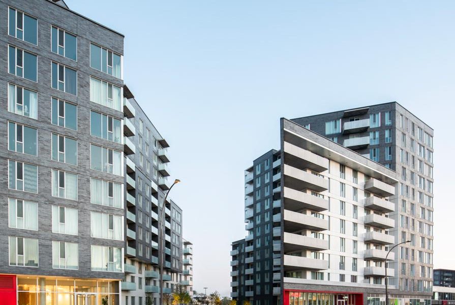 Modern residential buildings in Montreal with contemporary architecture and large windows