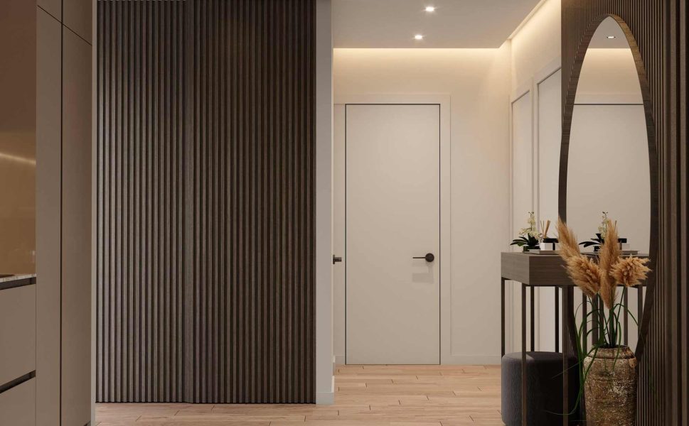 Modern white interior door with black handle in minimalist hallway design